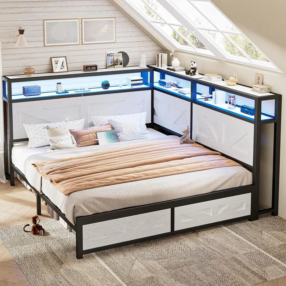 Corner Queen Size Bed Frame with Storage Bookcase – LED Lights & Charging Station