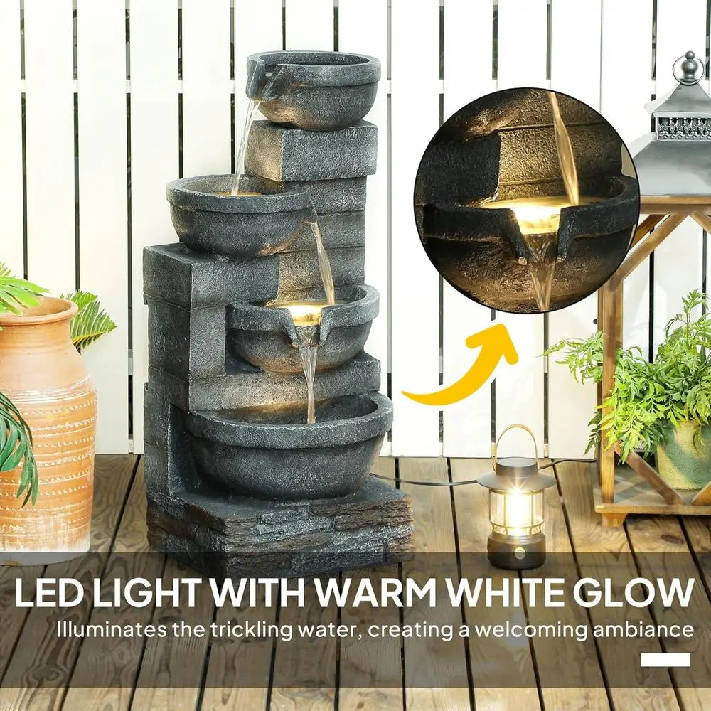 Gray 4-Tier Resin Outdoor Waterfall Fountain with LED Lights, 30 Tall, Cascading Bowls, Pump Included