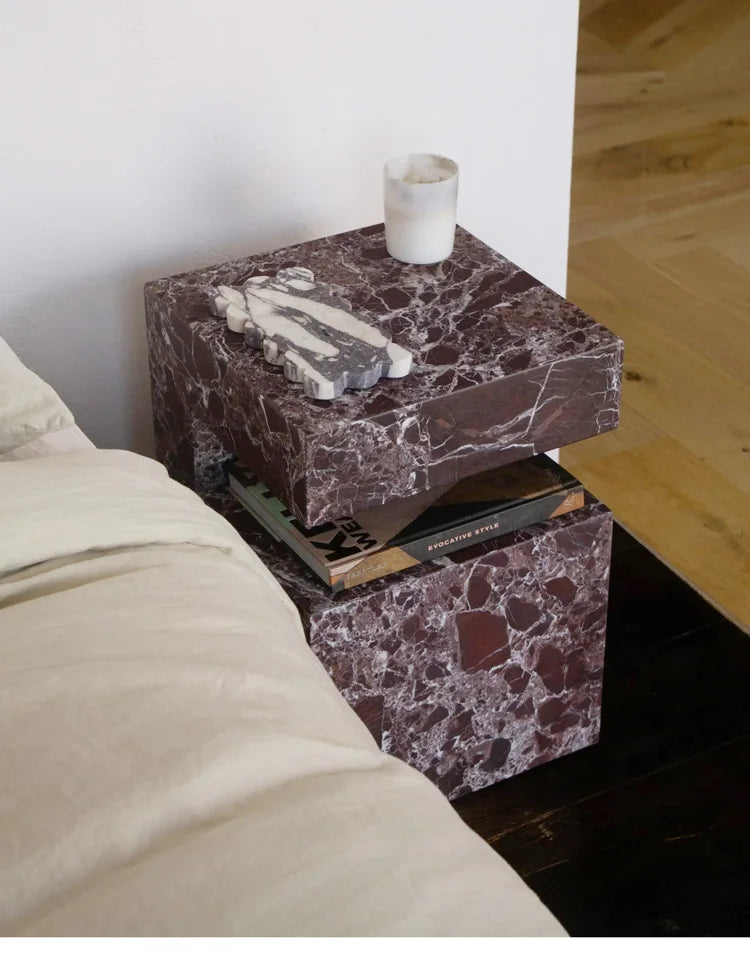 37x37x50CM Rosso Levanto Travertine Vintage Marble Side Table Nighstand Handmade Solid Natural Stone Coffee Table Desk