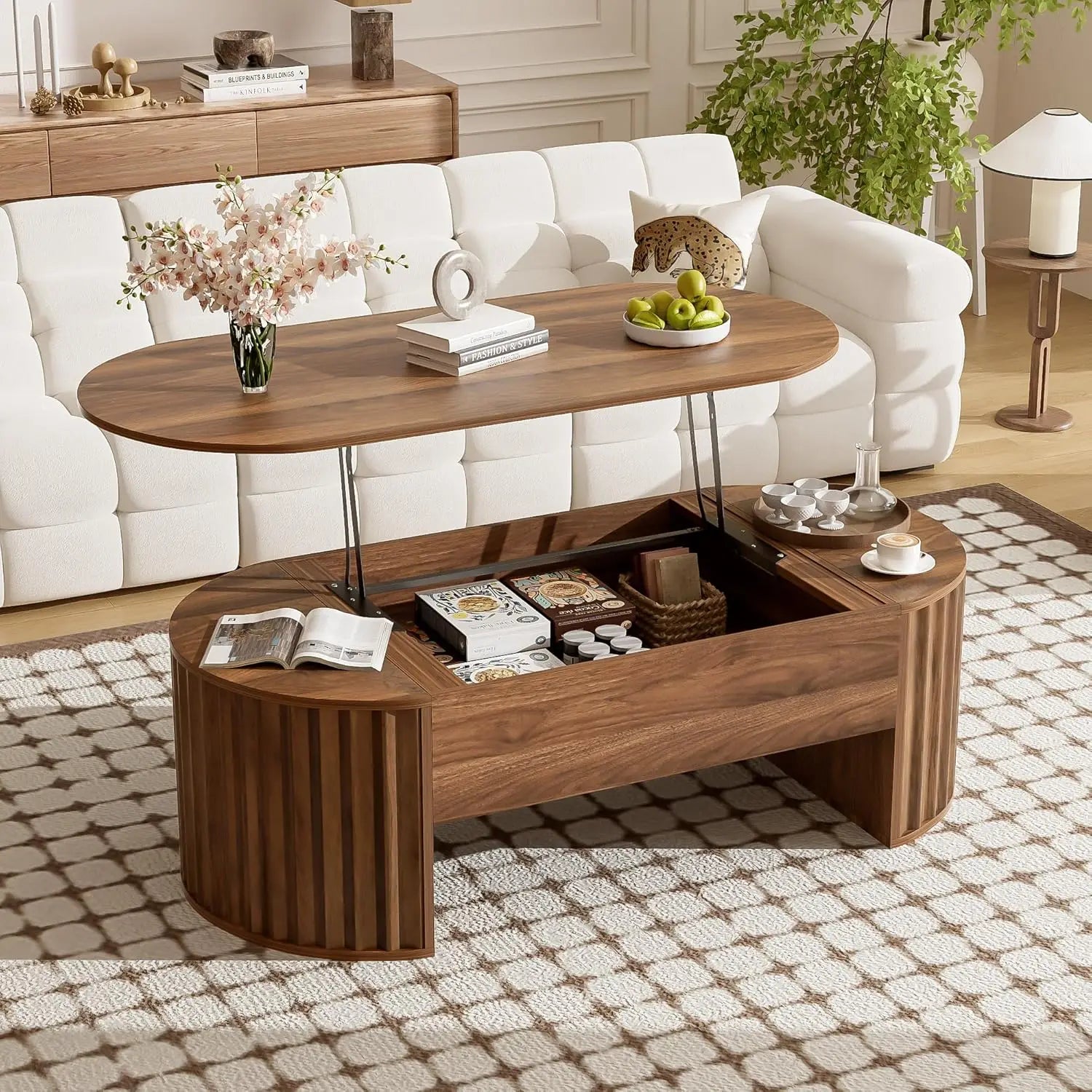 47.2” Modern Lift-Top Coffee Table – Brown Wooden Center Table with Oval Lift Tabletop & Hidden Storage