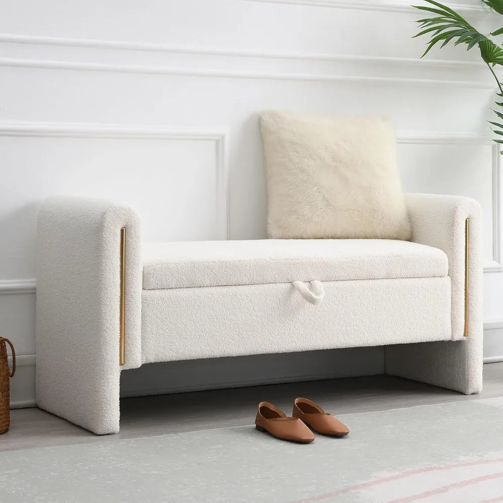 Teddy Upholstered Storage Ottoman Bench – 52″ with Armrests & Pull Ring