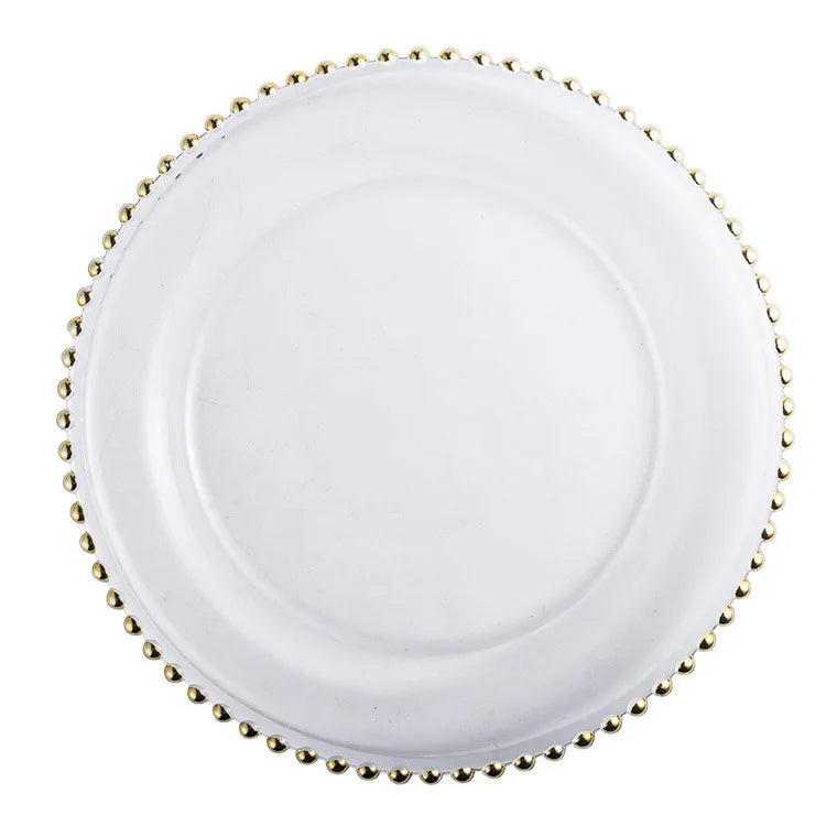 Golden Beaded Round Glass Plate – Transparent Dessert & Fruit Display Tray
