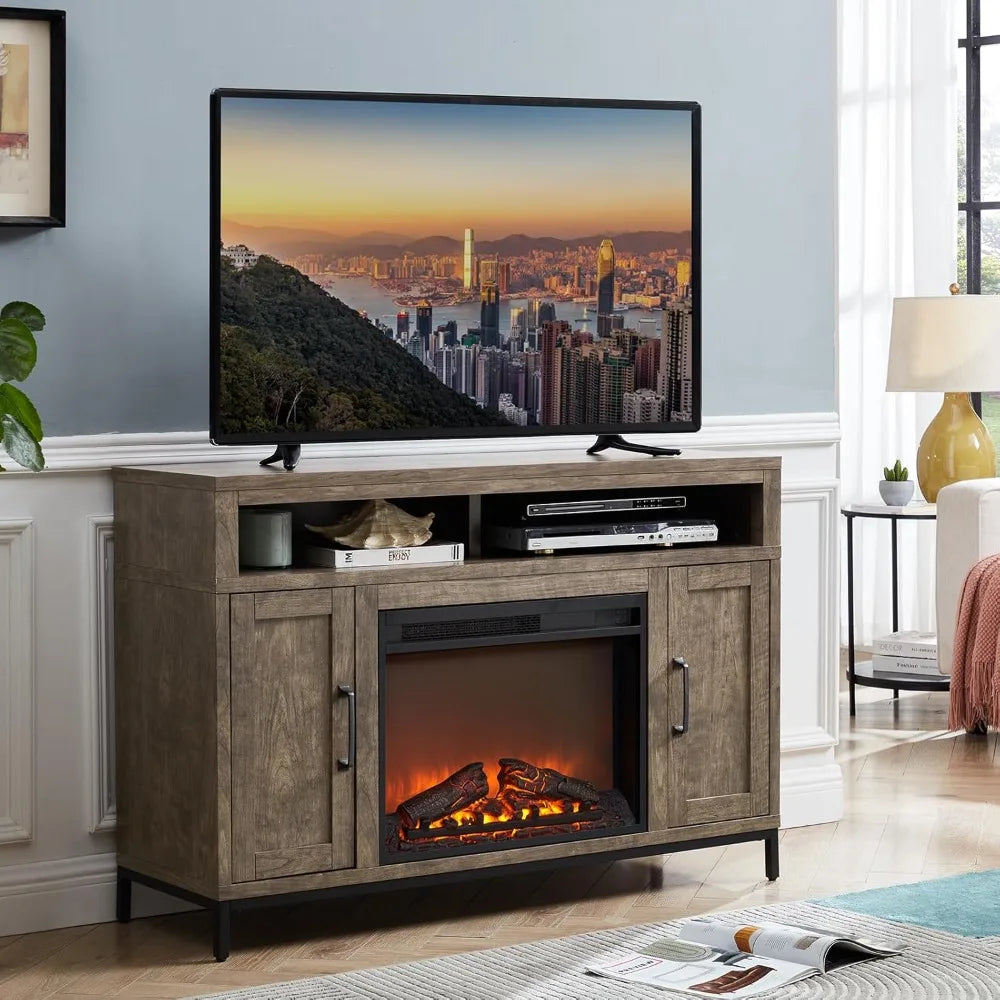 Fireplace TV Stand for TVs Up to 65 Inches, Farmhouse Entertainment Center with 23" Fireplace & LED Lights, Rustic Media Console