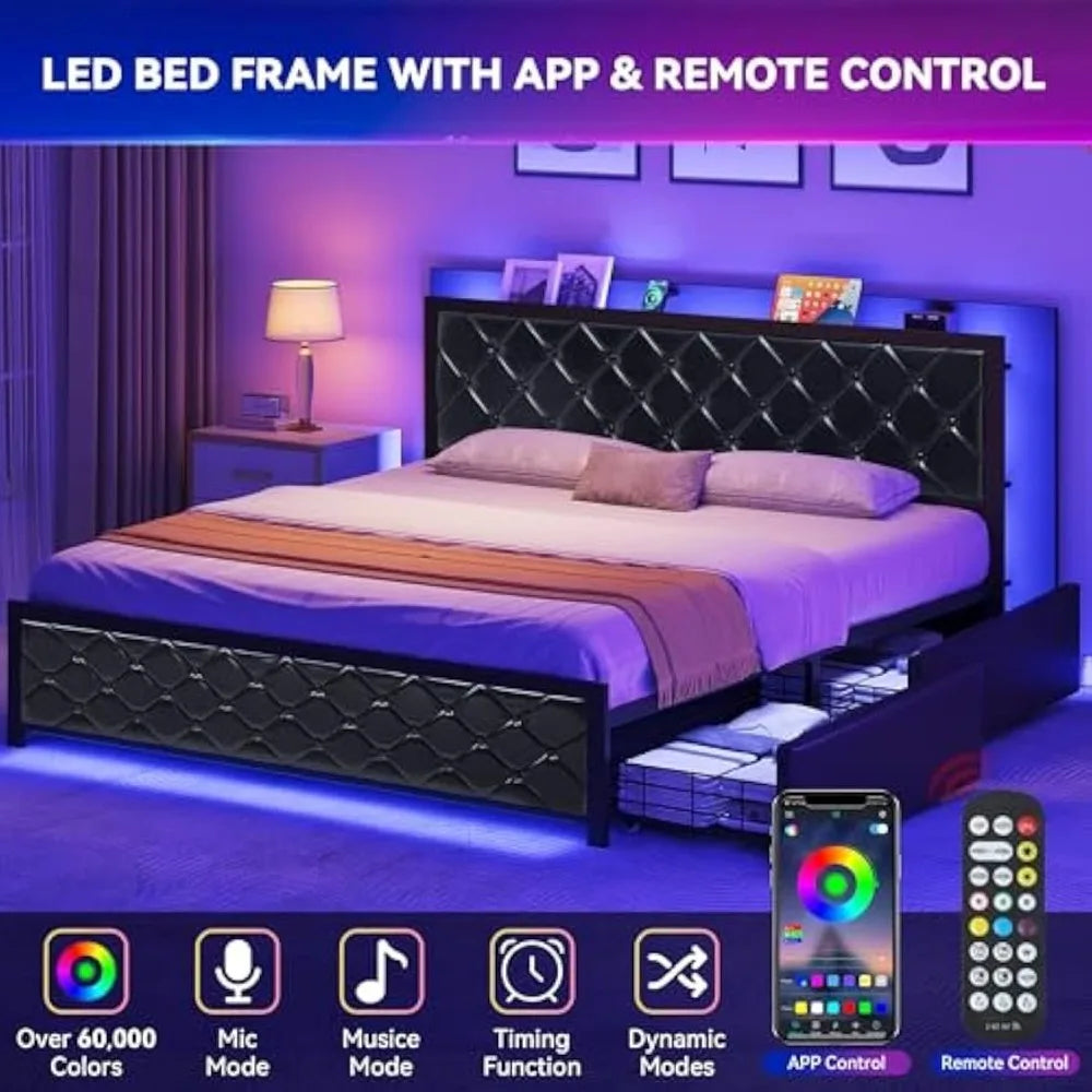 Queen Upholstered Platform Bed Frame with RGB LED Headboard & 4 Storage Drawers – Faux Leather