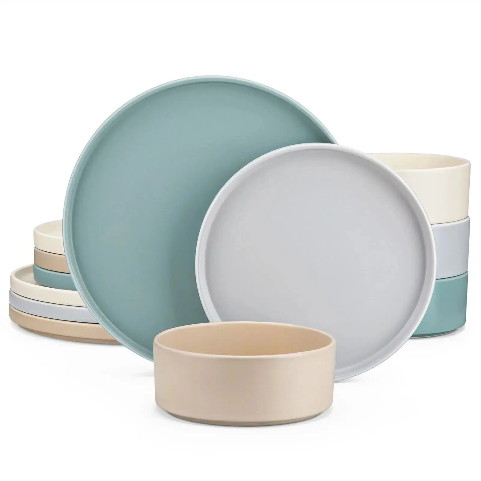 vancasso 12/24 Pcs Stoneware Dinnerware Set Mix-color Tableware Set with 4pcs Dinner Plate/Dessert Plate/Bowl For 4/8/12