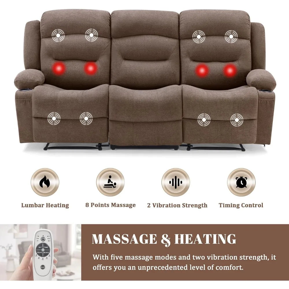 Oversized Recliner Sofa with Heat and Massage, Wall-Hugger Reclining Sofa with USB Port and Cup Holders, Large Big 3-Seater RV R