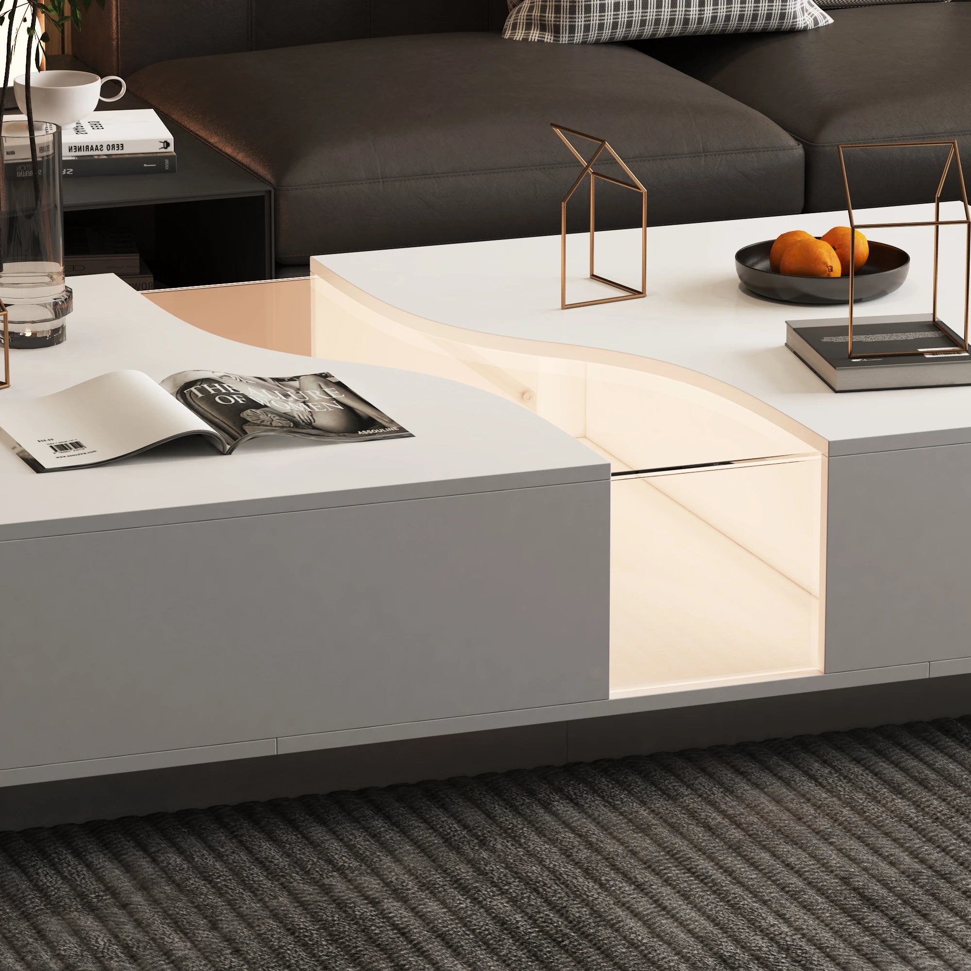 Modern LED Coffee Table – 55.1” Wide Center Table with 2 Storage Drawers