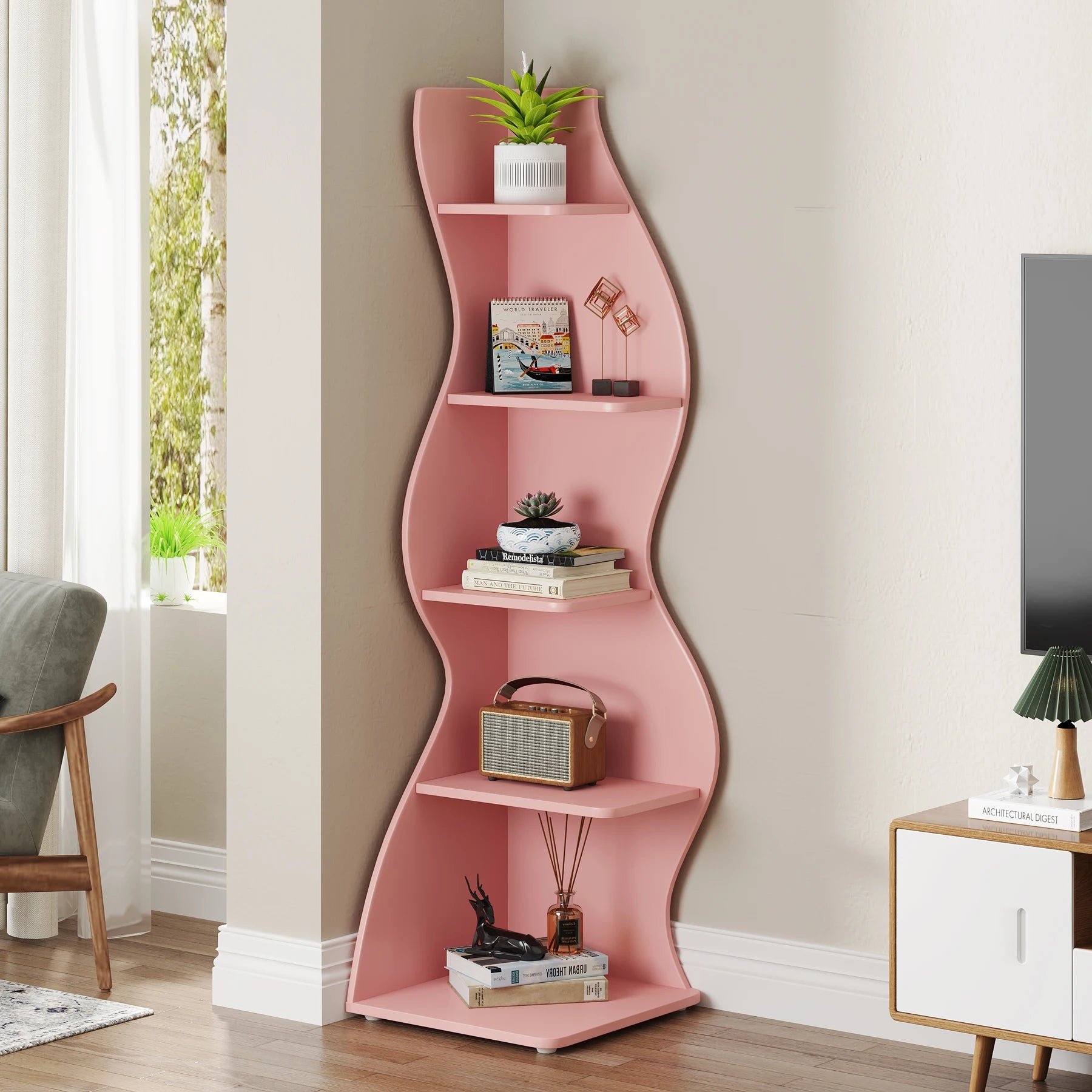 Tribesigns Modern 5-Tier Corner Bookshelf – Wall Corner Storage Rack & Plant Stand