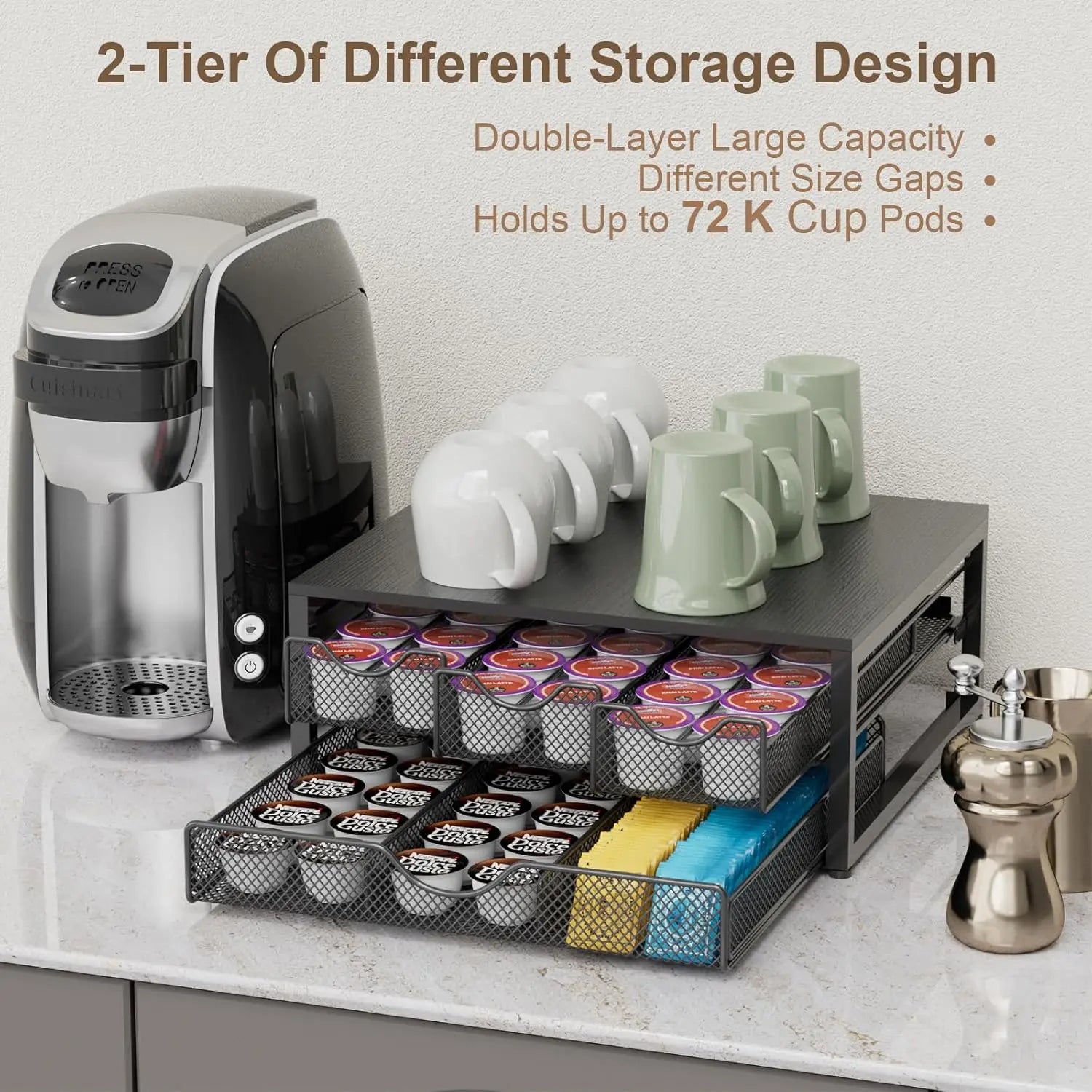 3-Pull-Out Coffee Pod Holder – 72 K-Cup Wooden Sliding Organizer (Black)