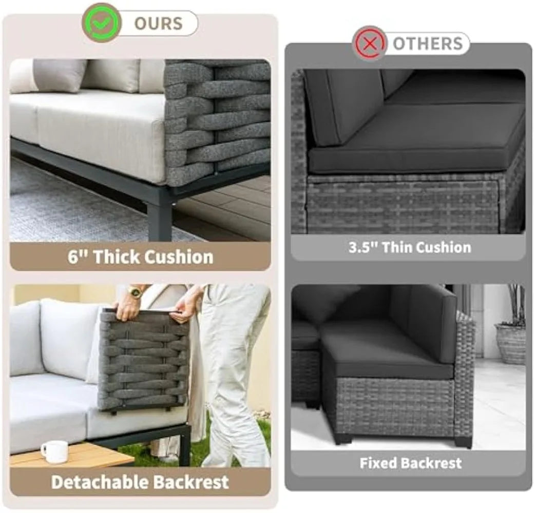 4 Piece Patio Conversation Set, Outdoor Sectional Furniture with Loveseat, Single Chair, 6" Washable Cushions, Beige