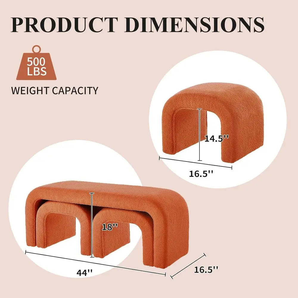 Modern Orange Ottoman Set – 3-Piece Bed Bench with Matching Footstools