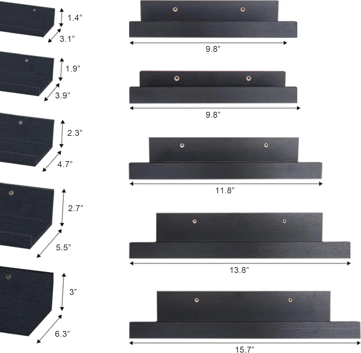 Black Floating Shelves | Set of 5 | Wall Shelf | Wood Bathroom Shelves | Bedroom | Living Room | Kitchen | Office & More (Black