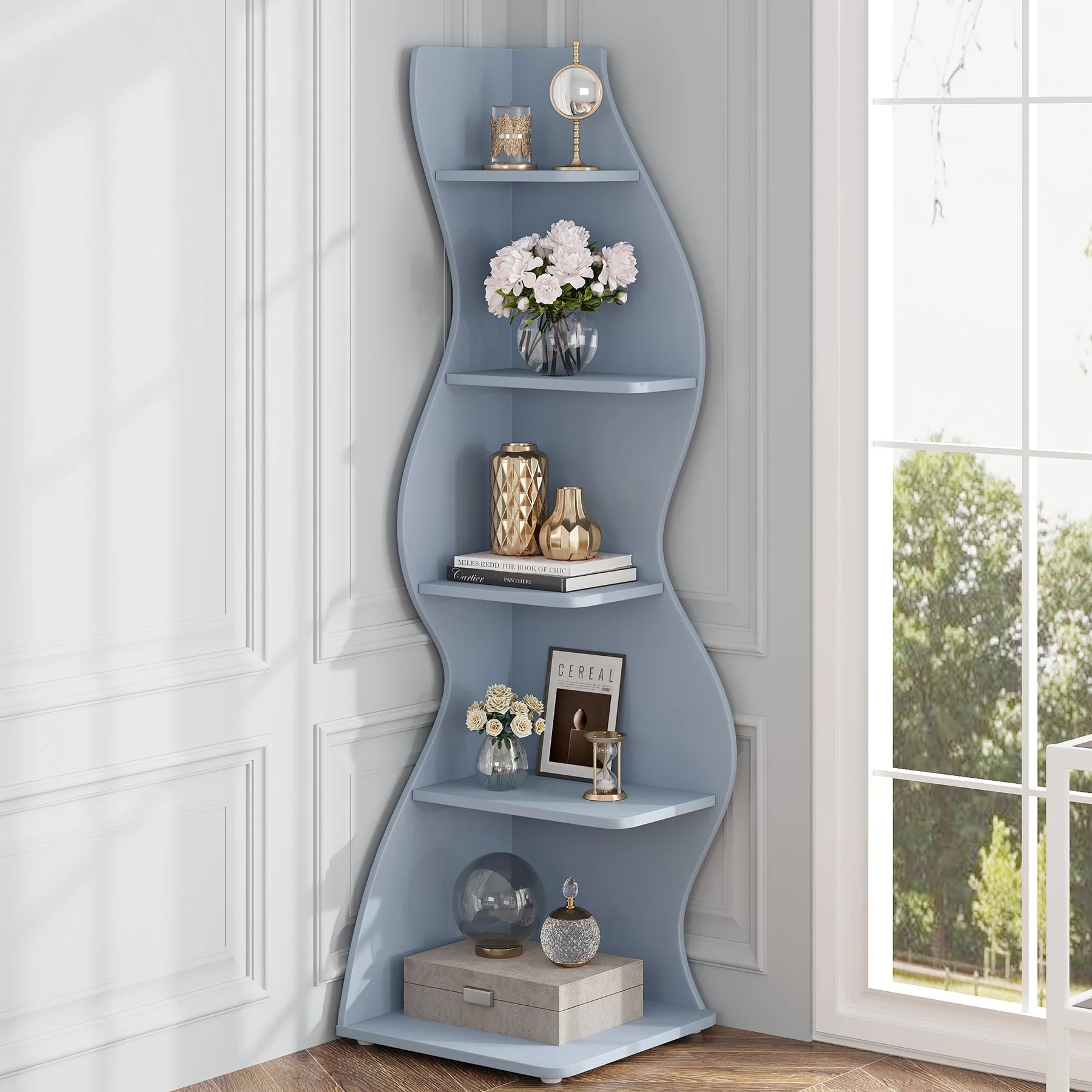 Tribesigns Modern 5-Tier Corner Bookshelf – Wall Corner Storage Rack & Plant Stand