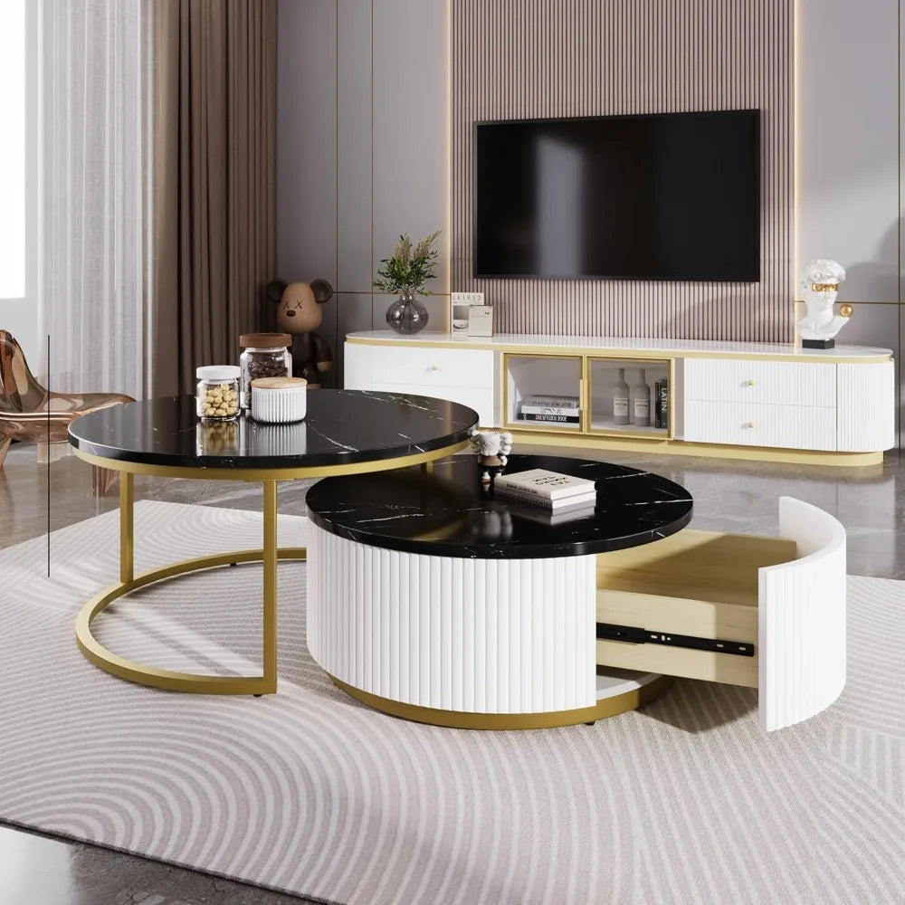 27.6” Black & Gold Nesting Coffee Table Set of 2 – Modern Round Tables with Storage Drawer