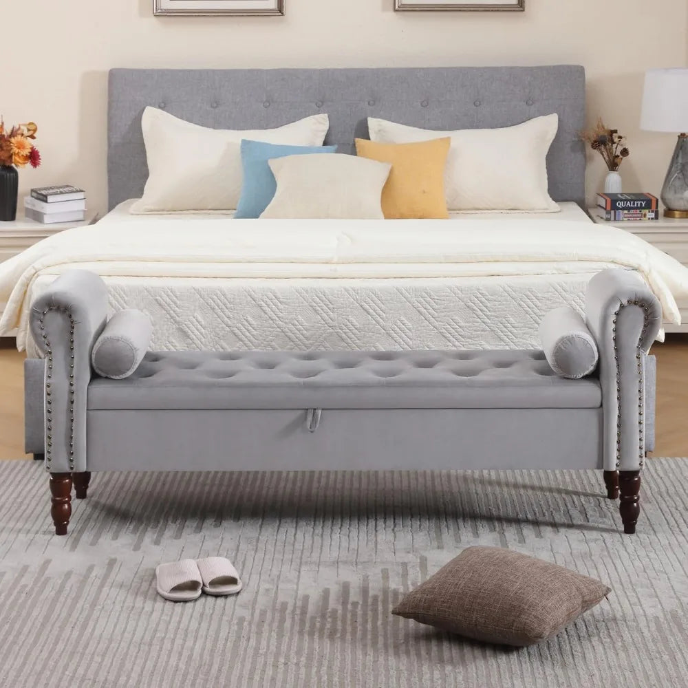 King Size Velvet Upholstered Storage Bench – End-of-Bed Bedroom Bench