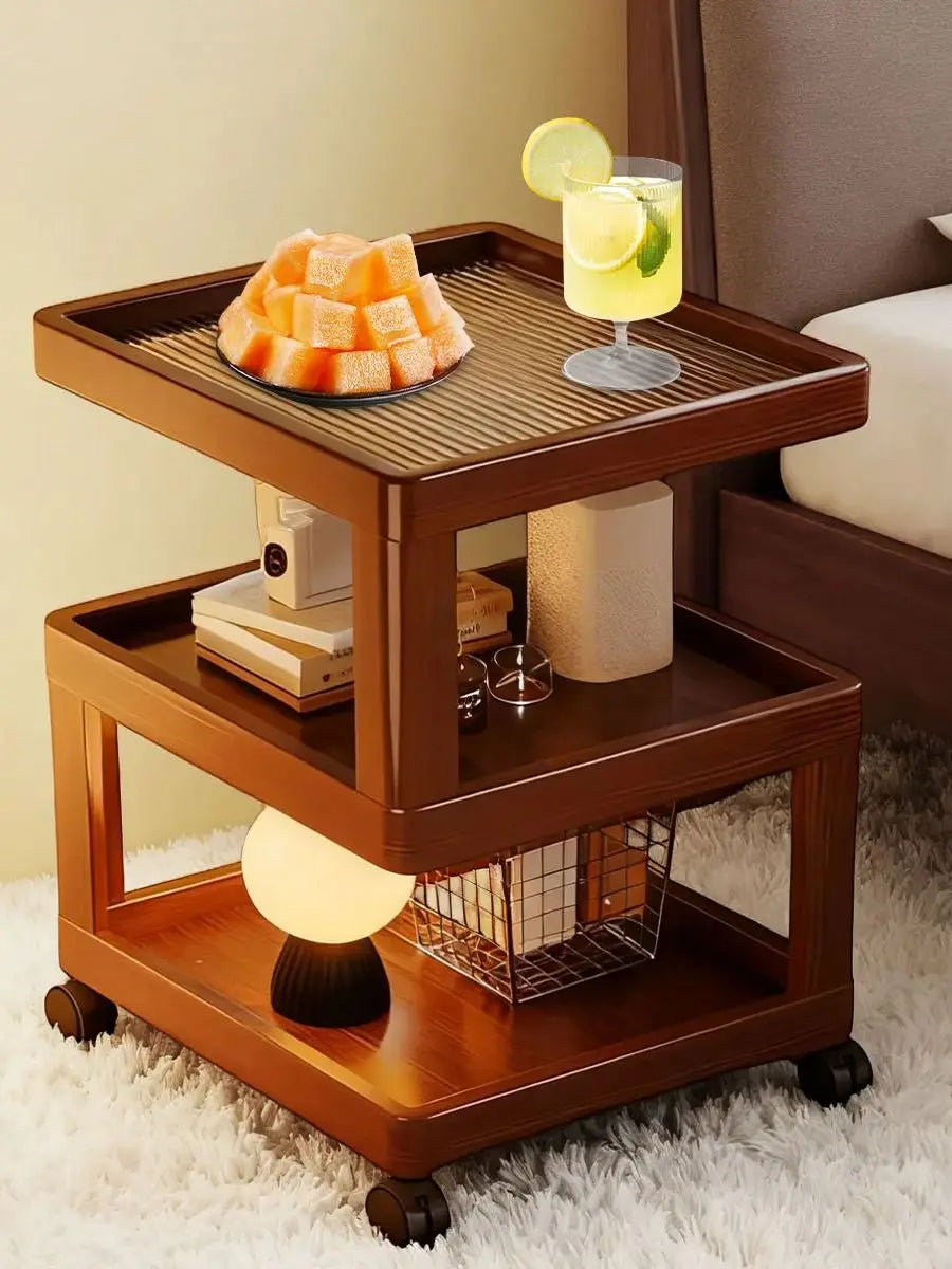 Geometric 3-Tier Bamboo Storage Side Table with Acrylic Surface & Wheels, Tea Brown Living Bedroom Furniture