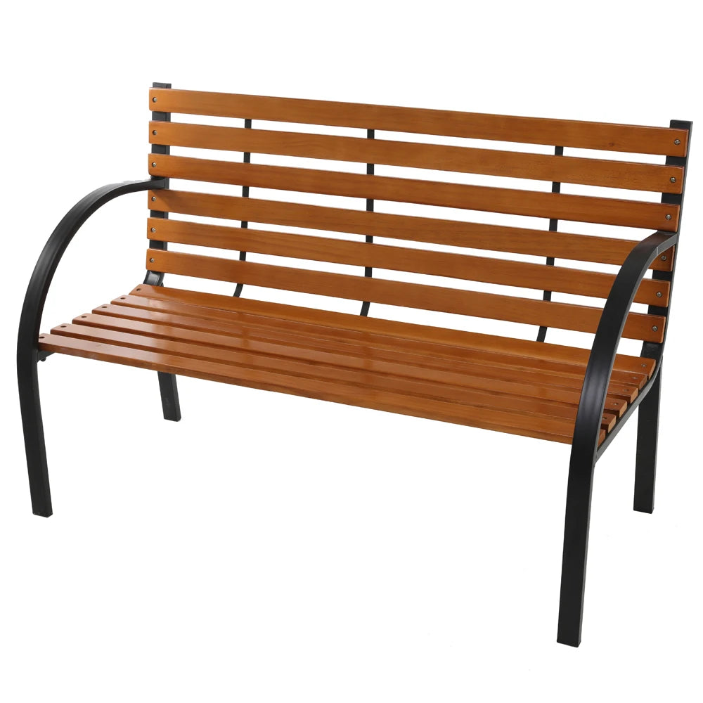 48" Hardwood Slotted Steel Cast Iron Frame Outdoor Patio Garden Bench Park Seat Classic Design, Blend Perfectly With Nature