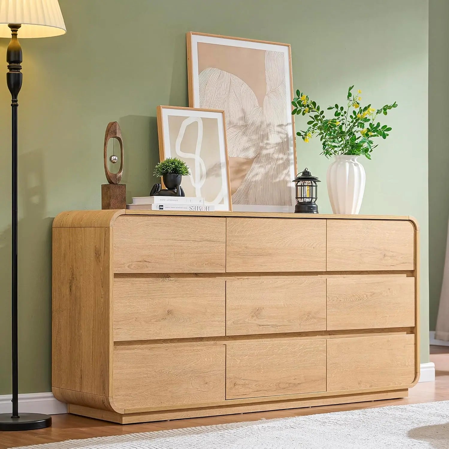 9 Drawer Double Dresser for Bedroom, Modern Curved Wood Chest Drawers of Handleless, Large Storage Dresser Bedroom, Living Room