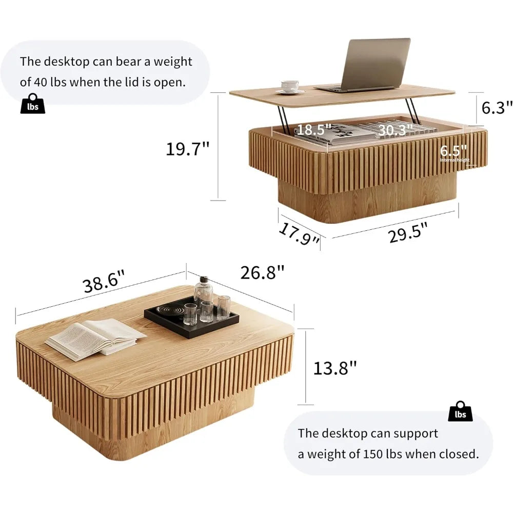 Smart Lift-Top Coffee Table – Modern Fluted Coffee Table with Storage