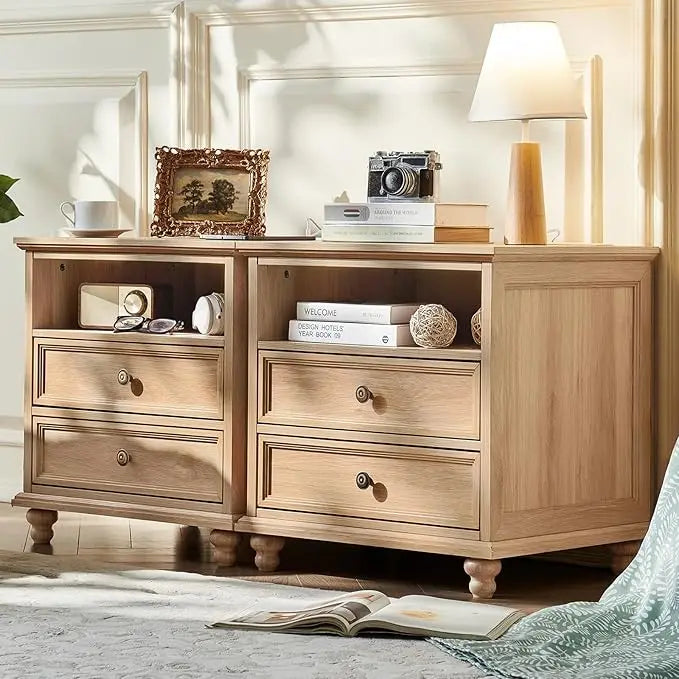 24" Wide Farmhouse Nightstand Set of 2 with Charging Station,End Table with 2 Drawers,Natural Wood Dresser for Bedroom Cabinet