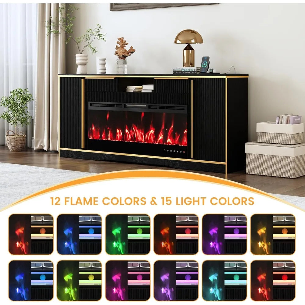 42" Electric Fireplace TV Console Stand for up to 80" TVs with Crystal Stone Colorful LED Lights Entertainment Center