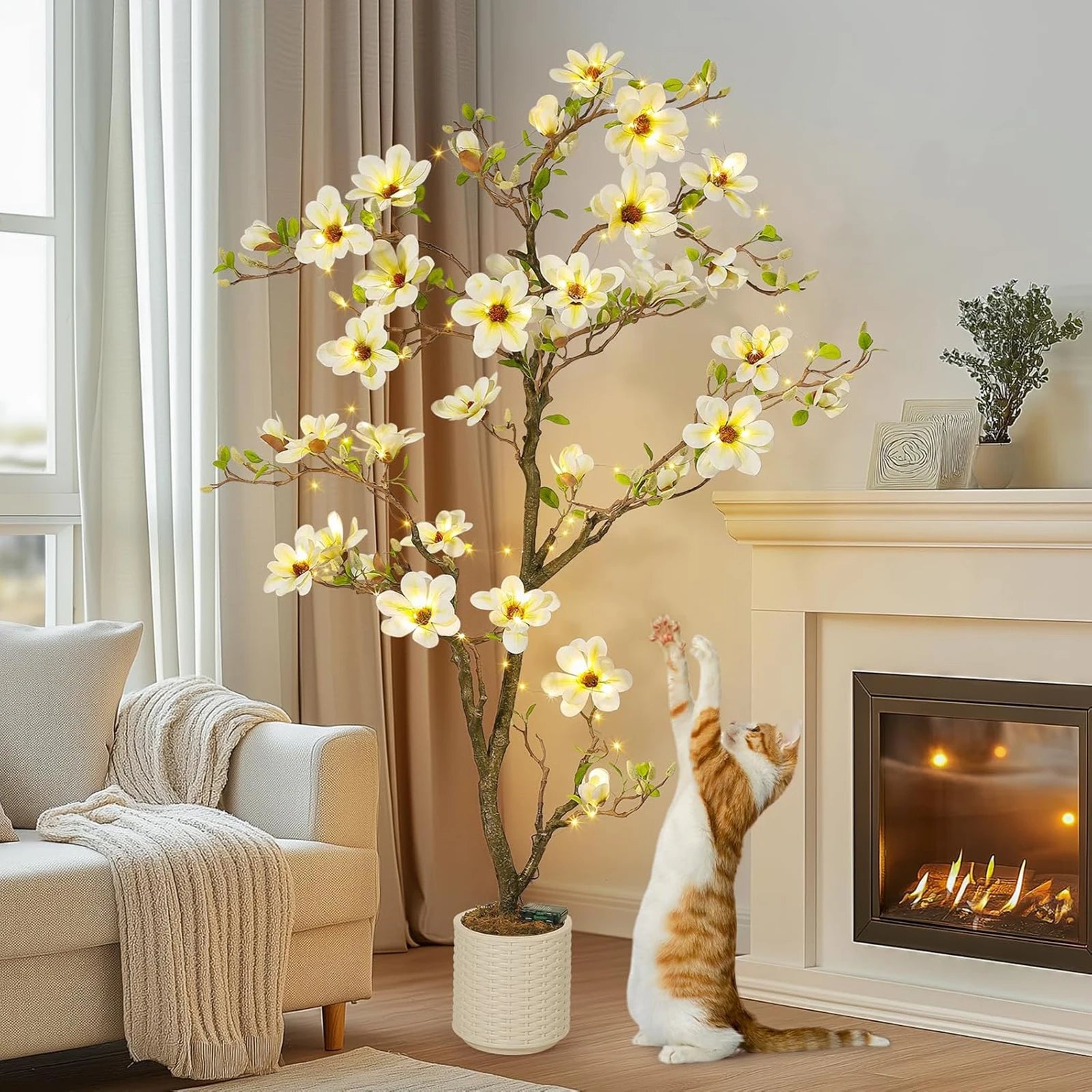 Artificial Magnolia Plant Faux Flower Trees Fake Plants with LED Light for Yard Patio Home Office Arrangement Decor