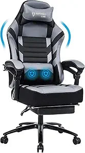 Big & Tall Gaming Chair with Footrest, 400lb Capacity, Massage Feature, Memory Foam, Adjustable Tilt, High Back Leather, Ergono