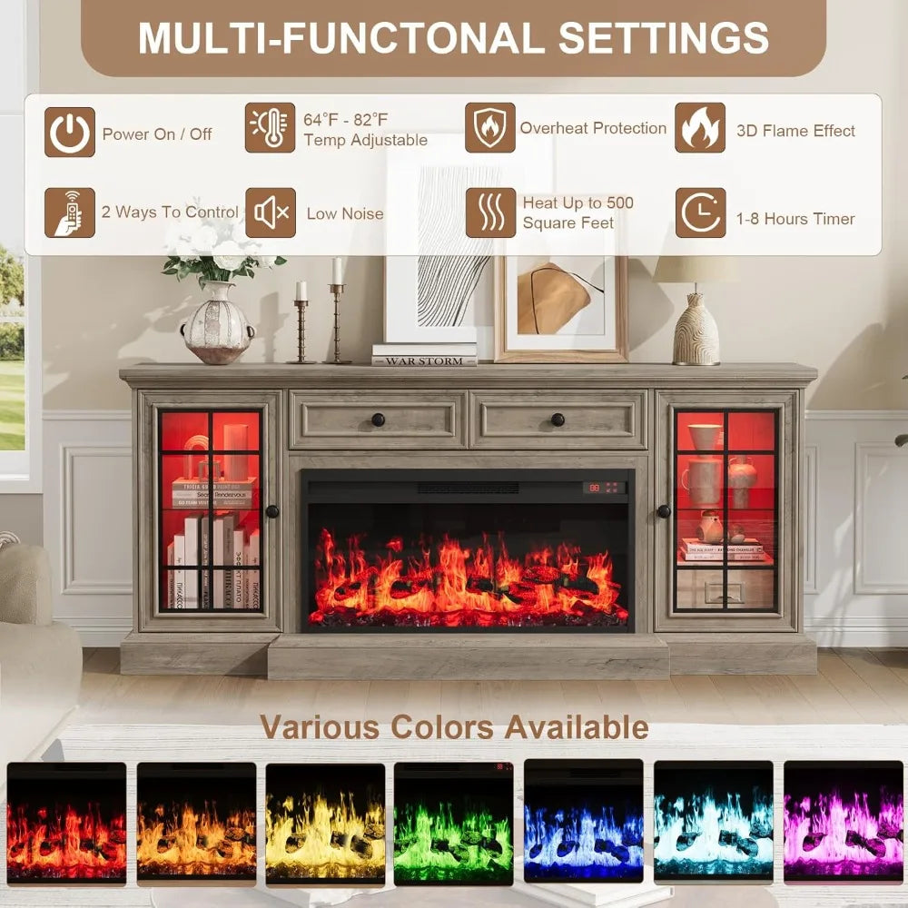 Fireplace TV Stand Up to 80" TVs,70'' Modern Entertainment Center with 36" Electric Fireplace&LED Lights,Farmhouse Media Console