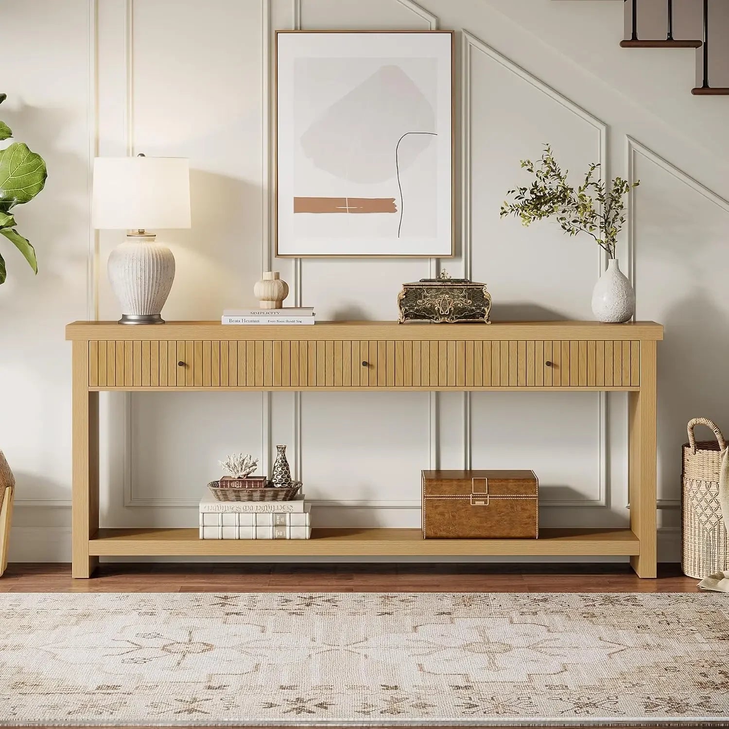 Wood Console Table with Drawers, Long Entryway Table, 70.9 inch Sofa Table Oak Furniture with Open Storage Shelves Wooden