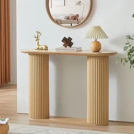 Fluted Entryway Console Table with Storage Shelf, Oval Curved Couch Table Behind Sofa Modern Boho Console Tables Long and