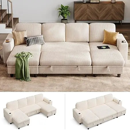 Sectional Sleeper Sofa with Pull Out Couch Bed - Convertible Plush Corduroy Cloud Couch with Storage Chaise & USB Charging, Com