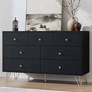 White Dresser for Bedroom, Modern 7 Drawer Dresser with Gold Handles and Metal Legs, White and Gold Dressers & Chest of Drawers
