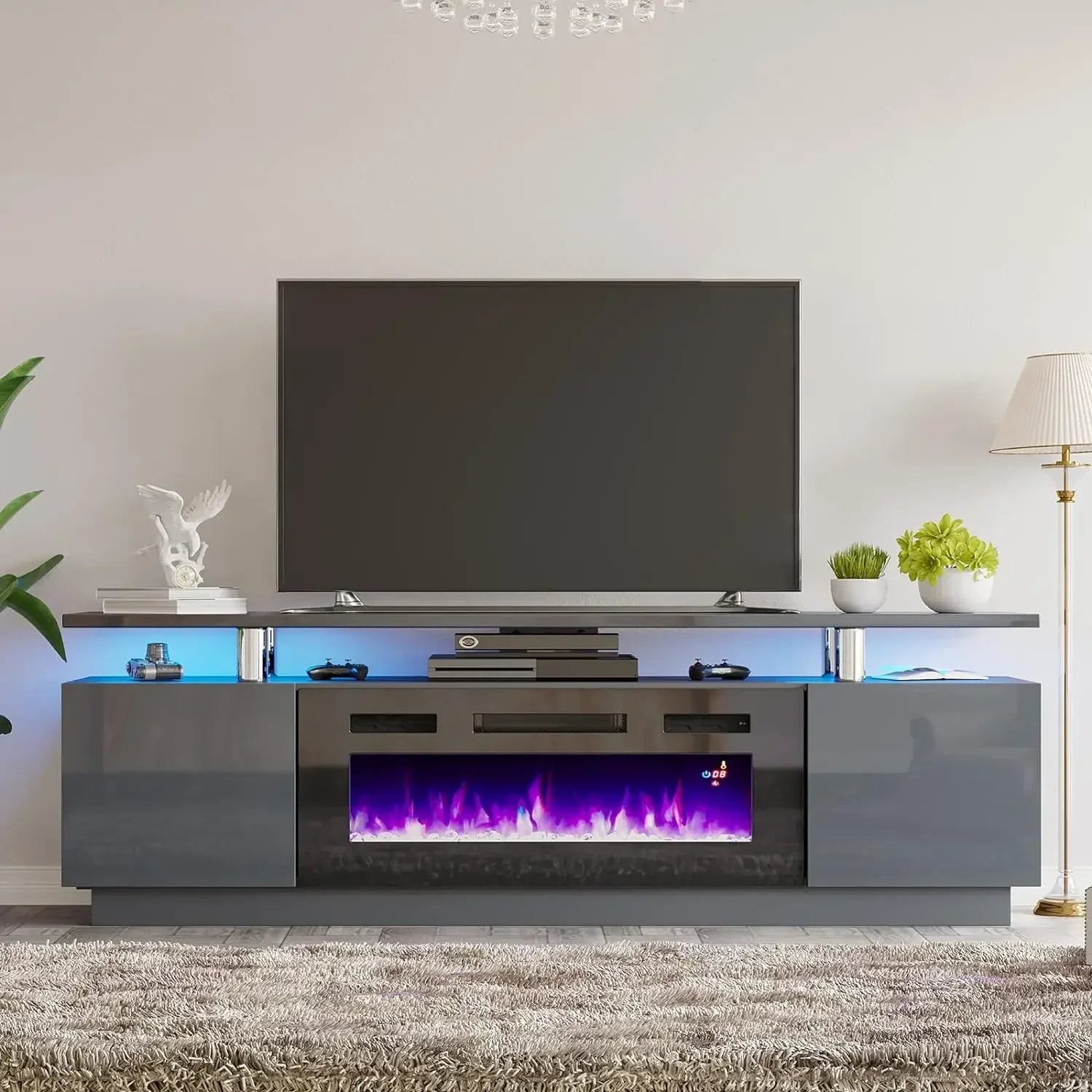 Fireplace TV Stand for 80 "TVs, LED Light, Entertainment Center, 2-Tier Storage", High Gloss, 70"