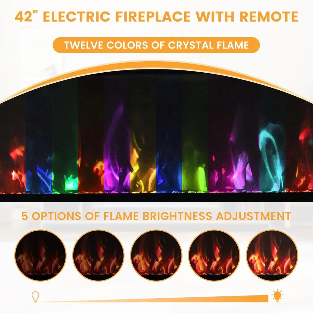 42" Electric Fireplace TV Console Stand for up to 80" TVs with Crystal Stone Colorful LED Lights Entertainment Center