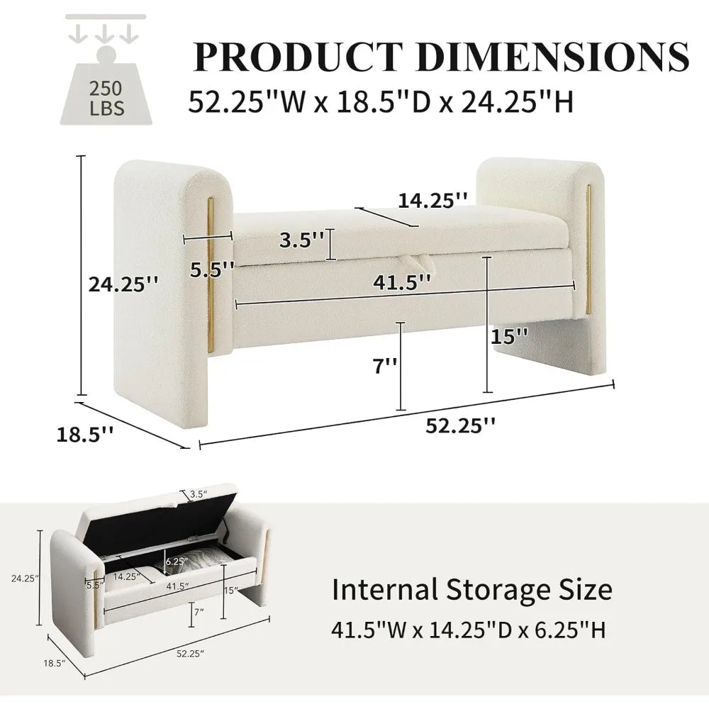 Teddy Upholstered Storage Ottoman Bench – 52″ with Armrests & Pull Ring