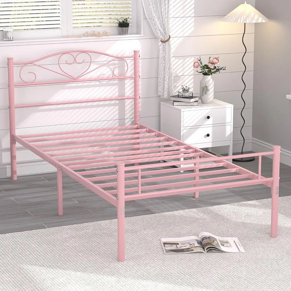 14″ Twin Metal Platform Bed Frame with Headboard – Heavy-Duty Support (Pink)