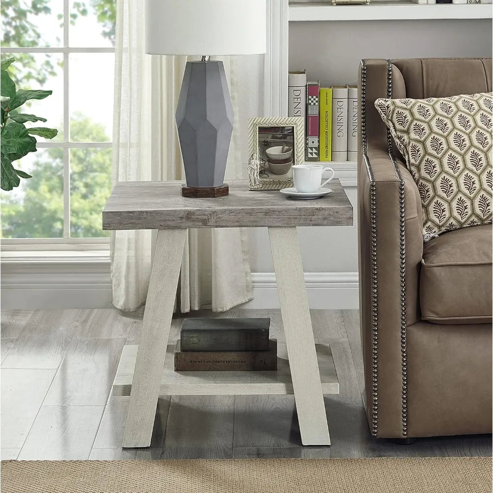 Furniture Athens Contemporary Two-Tone Wood Shelf End Table, Weathered Gray and Beige