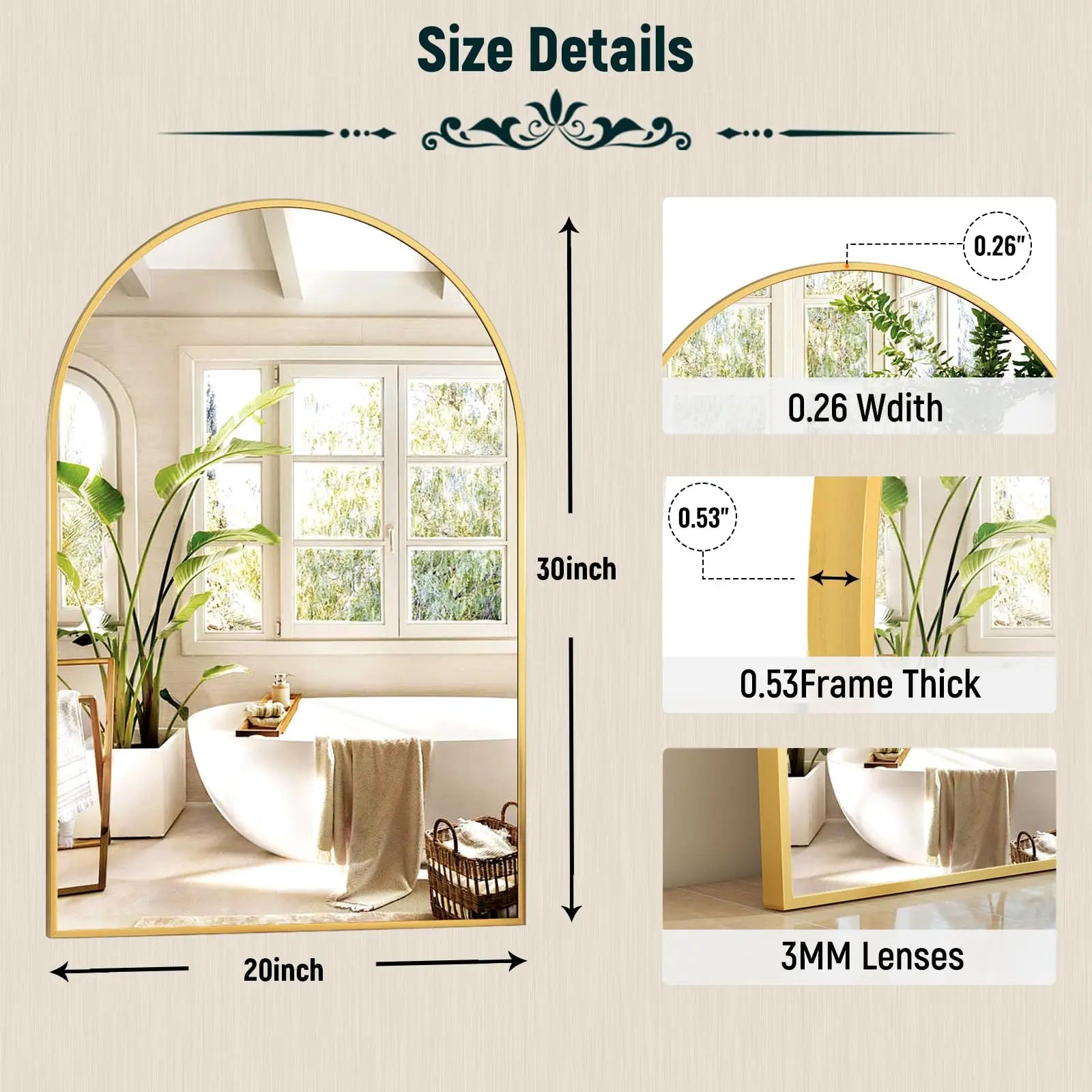20x30 inch Arch Bathroom Mirror - Arched Bathroom Mirror/Wall Mounted Vanity Mirror - Arch Metal Frame Wall Mirror