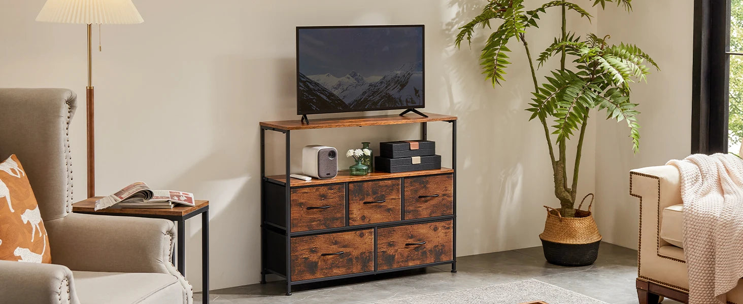 JHK TV Stand Dresser For Bedroom With 5 Fabric Drawers Storage Closet Chest Clothes Storage Display Cabinet Furniture