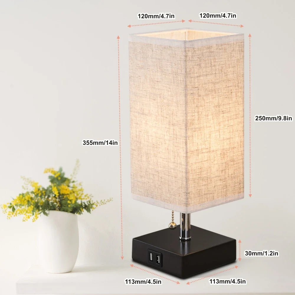 Pull Chain Table Lamp Grey Bedroom Lamps with 3 Color Temperatures,Rechargeable Lamp with Dual USB Ports for Table,Living Room