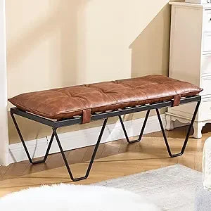 Modern Industrial Entryway Bench – PU Leather Upholstered End-of-Bed Ottoman