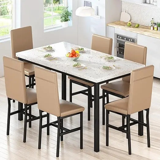 7-Piece Faux Marble Dining Table Set for 6 – Dining Room Table with 6 PU Leather Chairs
