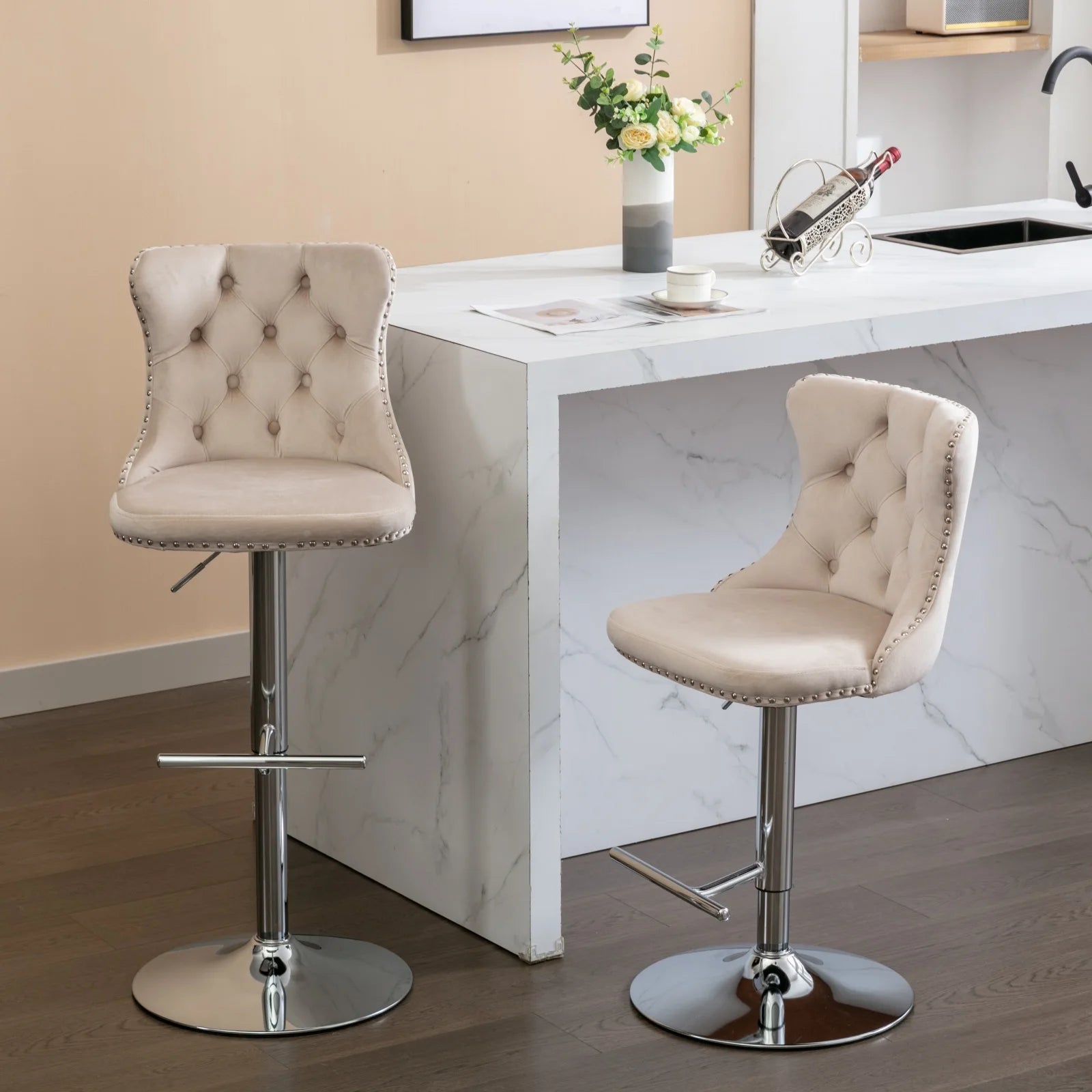 Swivel Velvet Bar Stools – Adjustable Counter-Height Chairs (Set of 2)