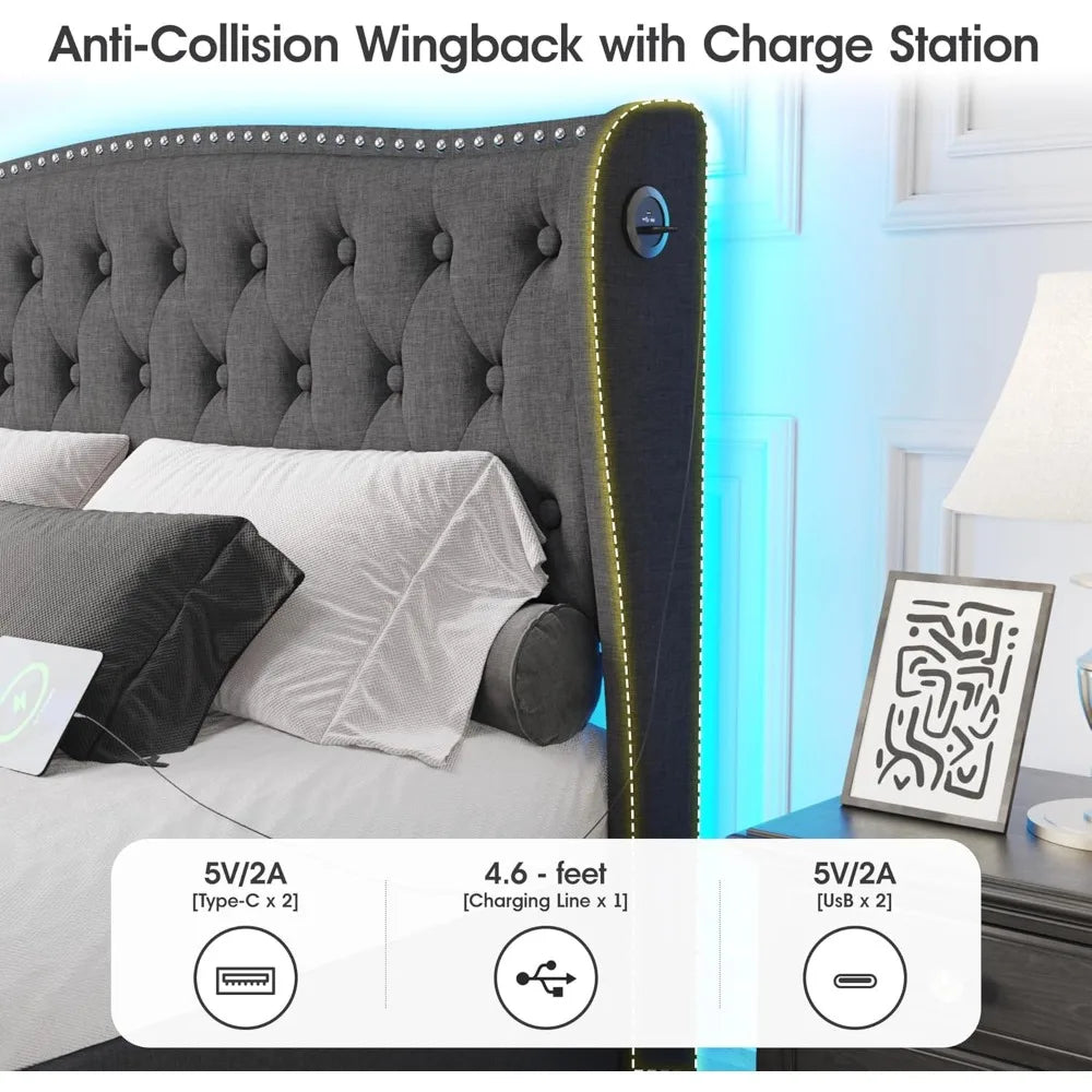 Queen Size LED Upholstered Bed Frame with Storage Drawers & Charging Station – Wingback Headboard