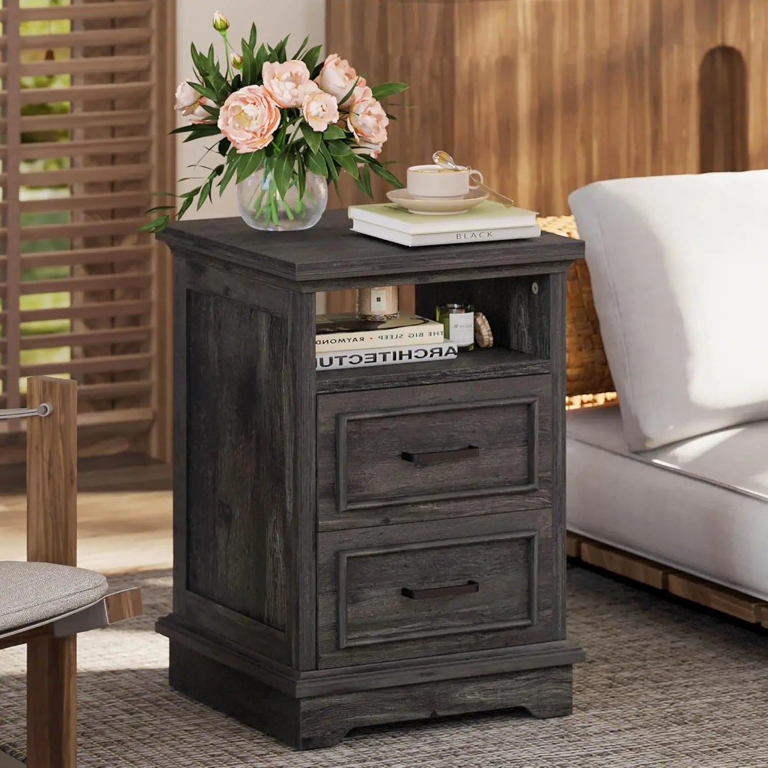 LIKIMIO Farmhouse Nightstand with Storage Drawers & Open Shelf, Small and Tables Living Room,Rustic Wood Side Tables for Bedroom