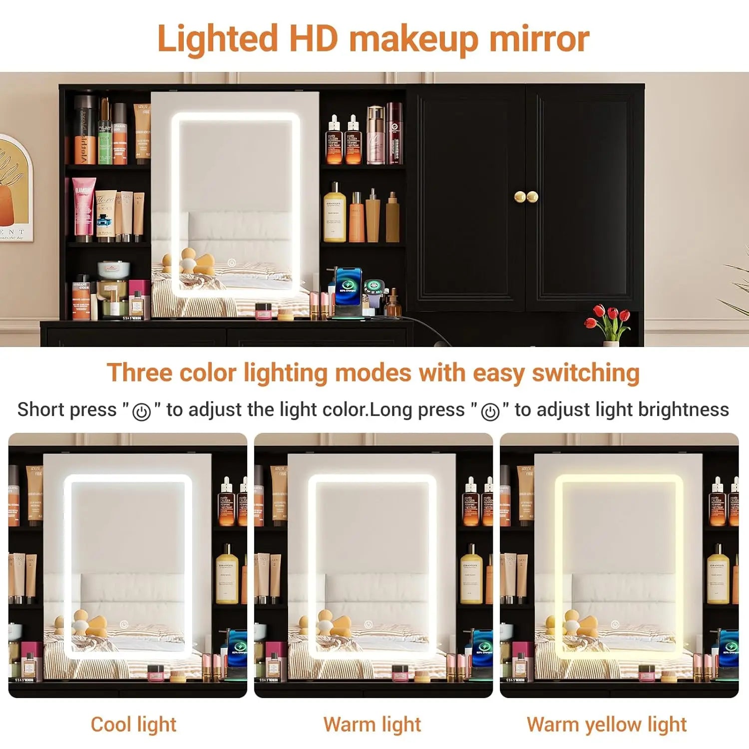 Large Black Vanity Desk with Sliding Mirror & Lights, Big 58.6" Makeup Vanity Table & Nightstand Combo with Power Outlet and 6 D