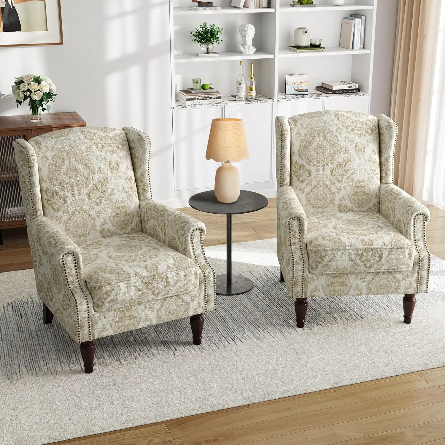 Floral Accent Chairs – Set of 2 High-Back Retro Wingback Armchairs