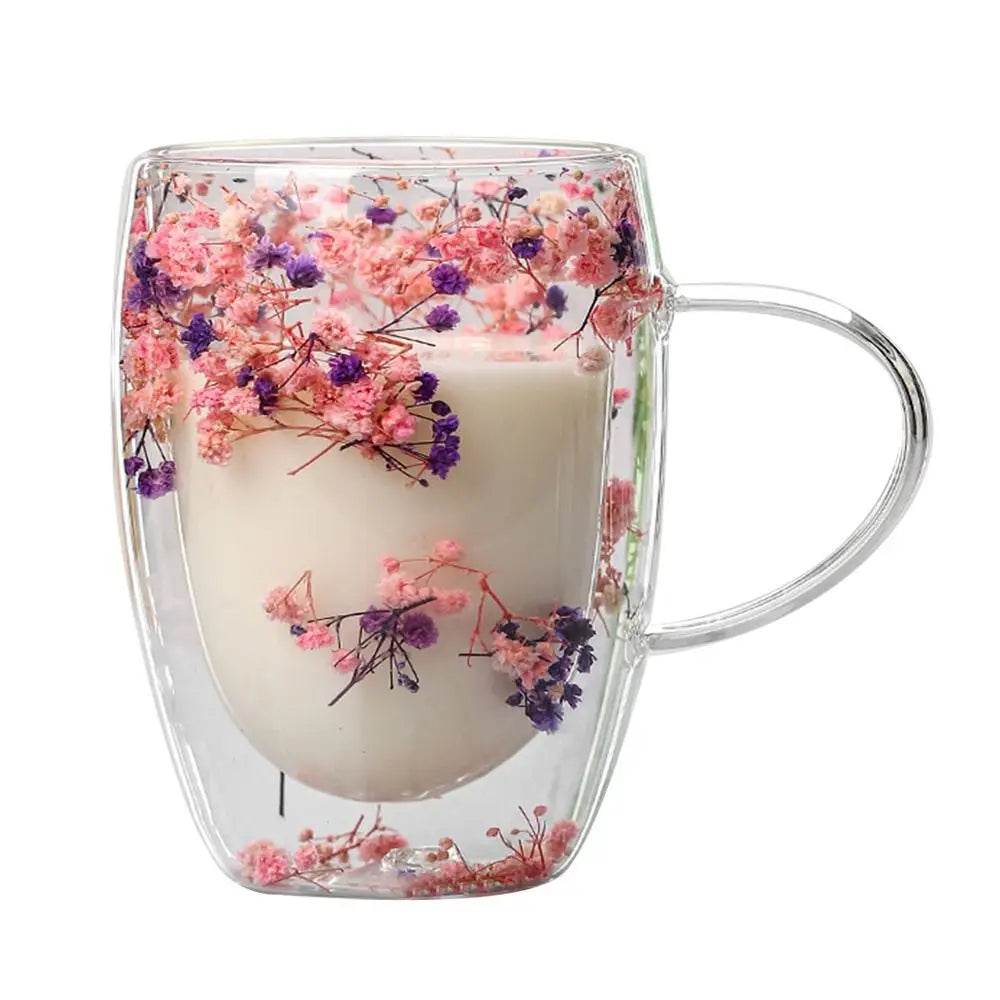 350ml Dried Flowers Glass Mugs with Handle Simple Elegant Double Wall Glass Cup Creative Heat Resistant Coffee Mug Home&Office
