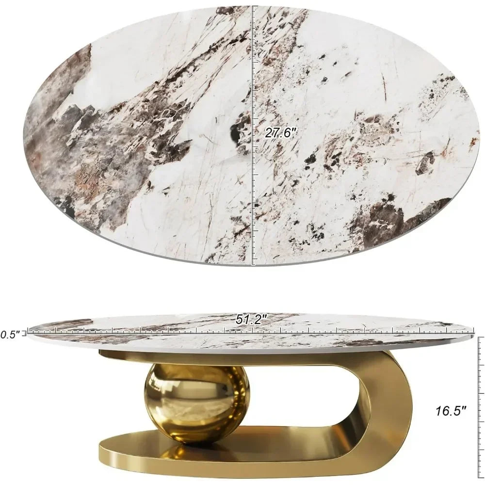 Modern Oval Stone Coffee Table – Abstract Gold Metal Base Center Table