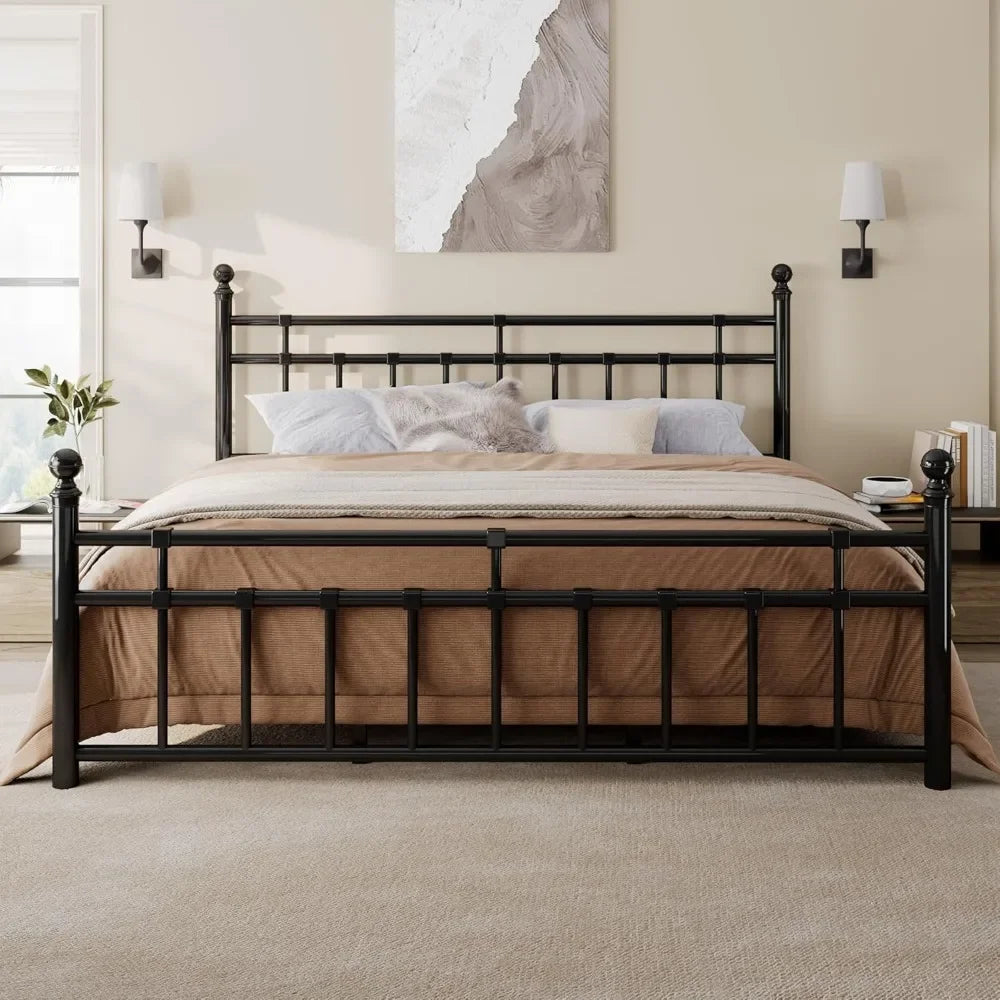 Metal Platform Bed Frame with Classic Wrought Iron Headboard & Footboard